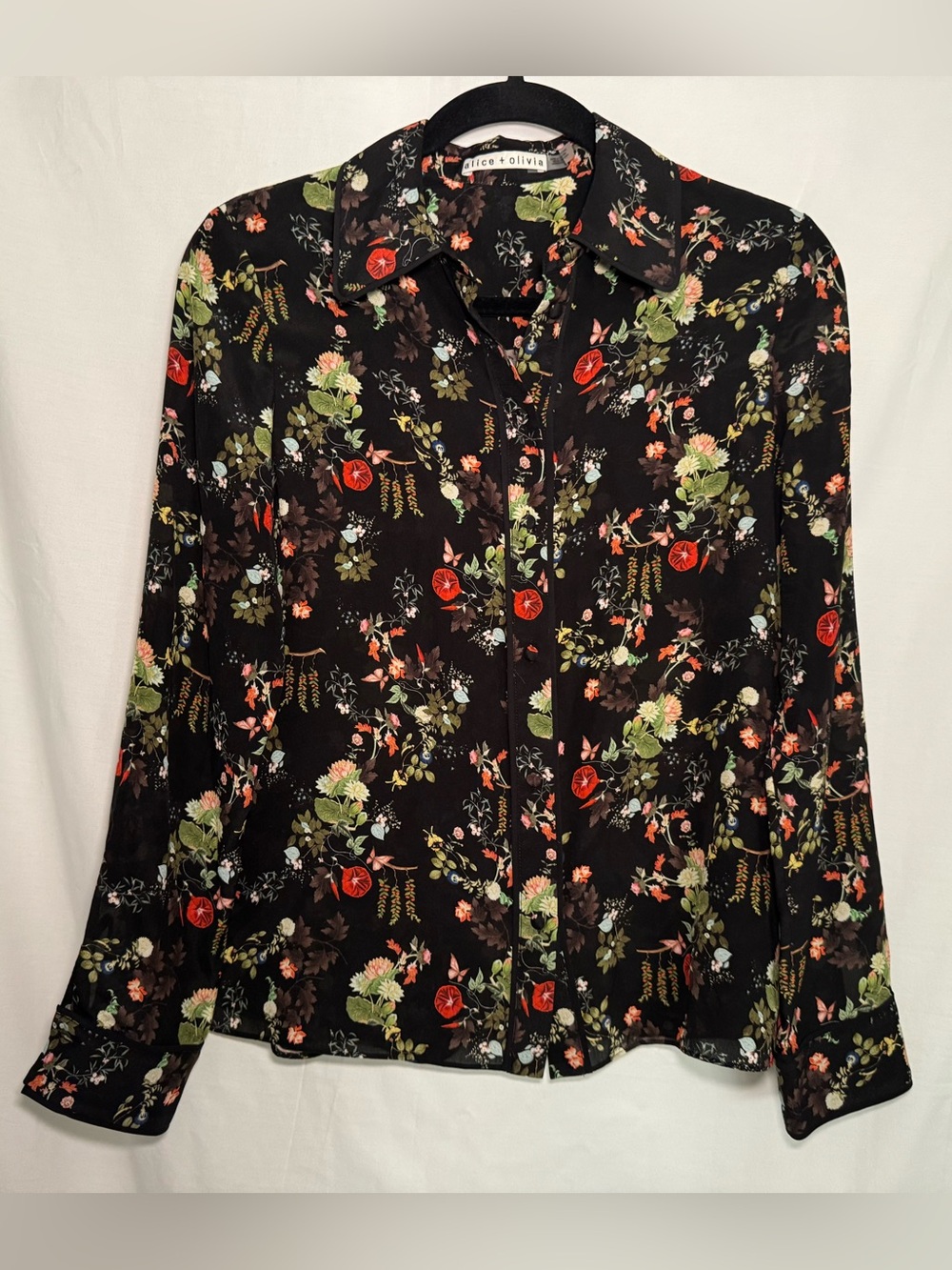 Alice + Olivia "Willa" Floral 100% Silk Button Up Blouse Black Multi Size S